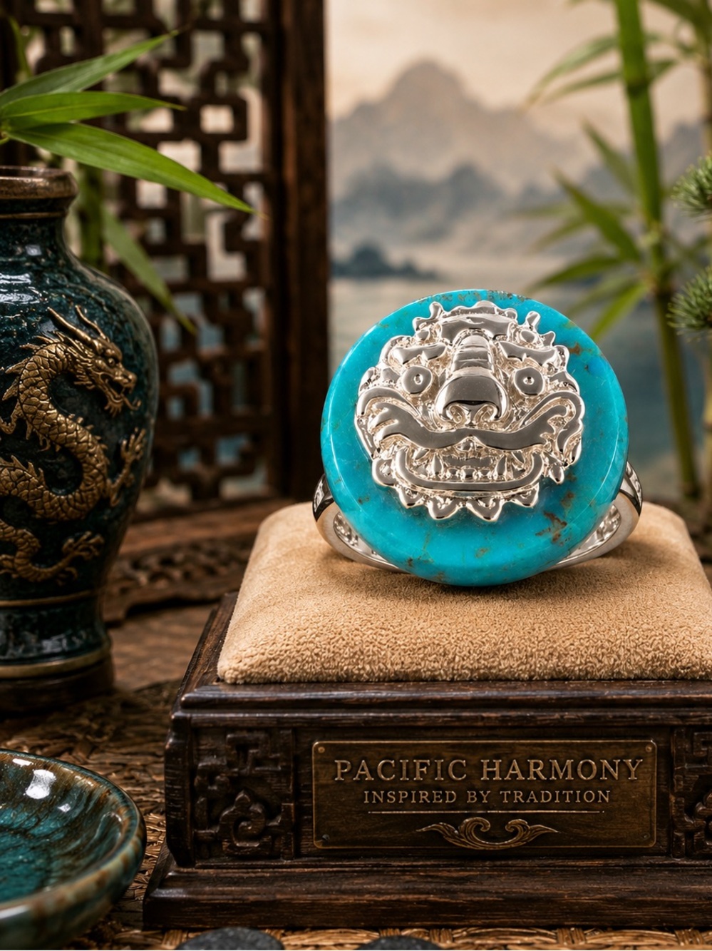 20mm Round Genuine Arizona Turquoise Rhodium Over Sterling Silver Dragon Ring.
